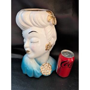 Glamour Girl Lady Head Vase Pinup Planter White Blue Betty Grable 11 In Tall